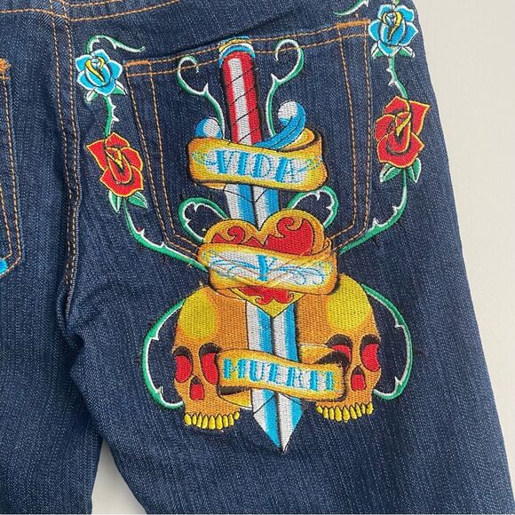 Christian Audigier Y2K Vida Y Muerte Embroidered Tattoo Inspired Bootcut Jeans - Picture 7 of 10
